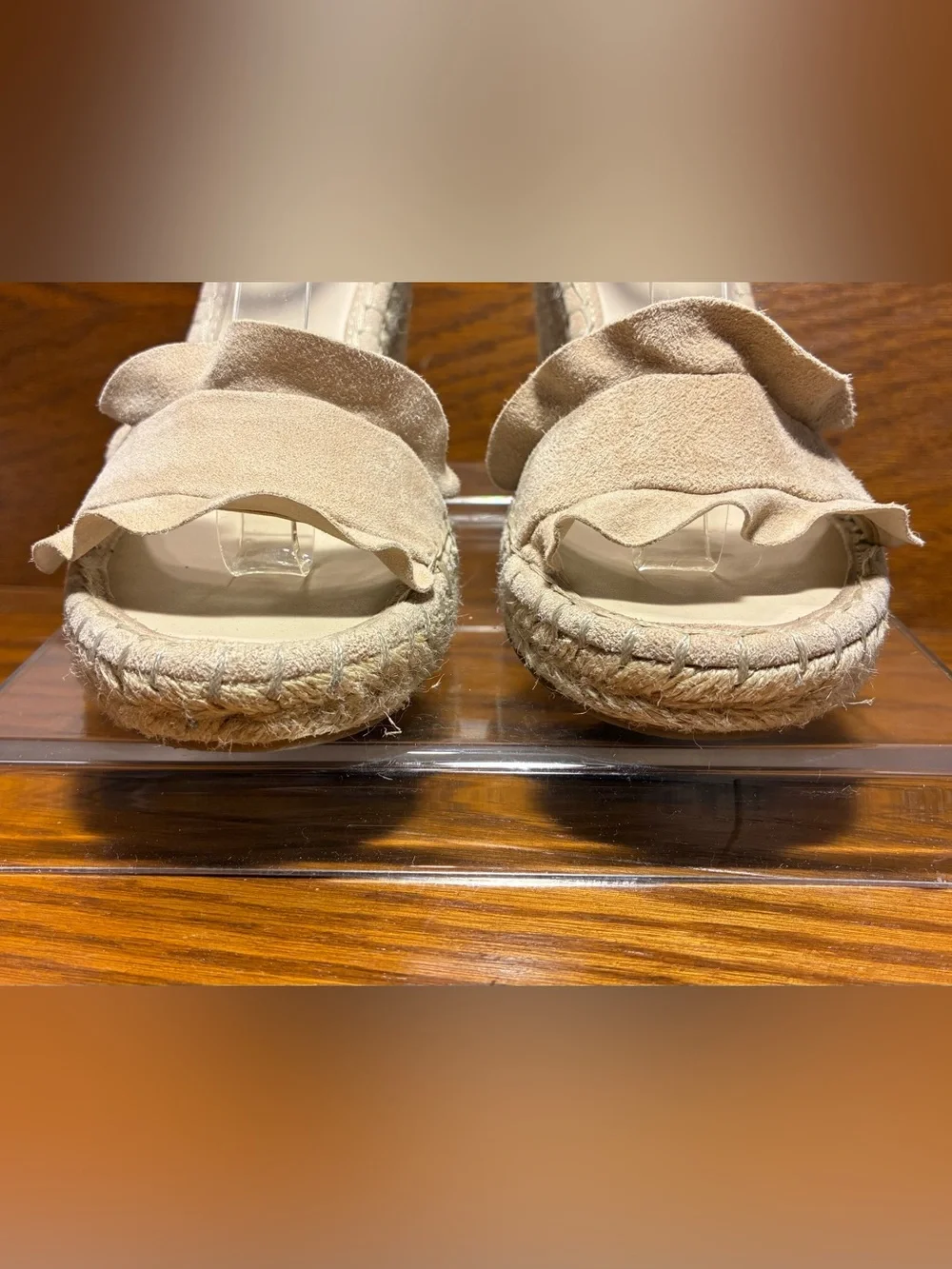 Marc Fisher Suede Ruffle Ankle Strap Espadrille Wedge Sandals Beige Size 7